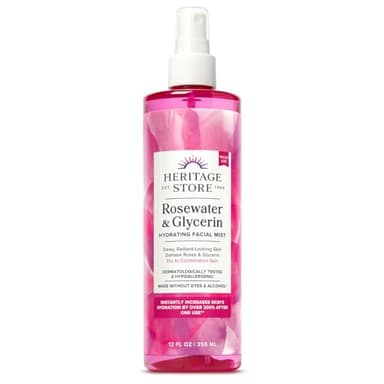 HERITAGE STORE Rosewater & Glycerin Hydrating Facial Mist - Dry Combination Skin Care - Rose Water Spray w/Vegetable Glycerine, Made Without Dyes or Alcohol, Hypoallergenic, 12 FL OZ