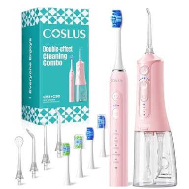 COSLUS C51C30 Electric Toothbrush with Water Flosser Combo: Portable Oral Clean Kit for Teeth Brushing & Flossing, Multiple Modes for Multiple Users, Cordless for Home & Travel Use, Pink