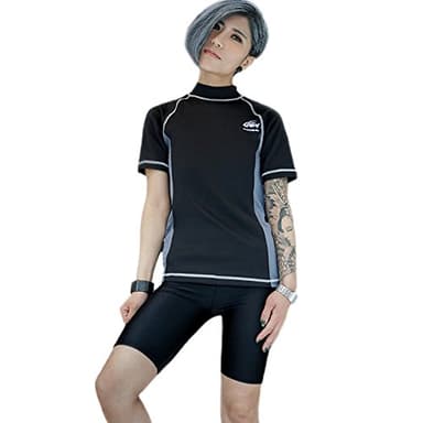 BaronHong Women Lesbian Tomboy Zip Up Chest Binder Quick-Drying Swimwear Set Top+Swimming Pants(Black,S)