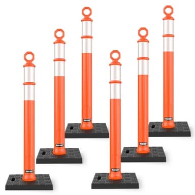 BATTIFE 6 Pack 42 Inch Orange Traffic Delineator Posts with Reflective Collars and Base, Safety Cones for Construction Zones and Driving Practice