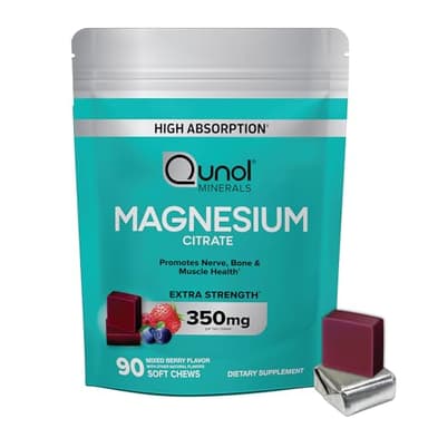 Qunol Magnesium Citrate Soft Chews, 350mg Extra Strength Magnesium Supplement, High Absorption to Support Nerve, Bone and Muscle Health, 90 Count