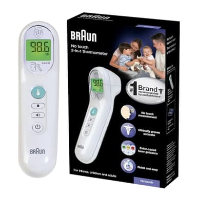 Braun No Touch 3-in-1 Thermometer for Adults, Kids & Babies, Measures Forehead, Liquid and Food Temps, Professional Accuracy & Color Coded Fever Guidance