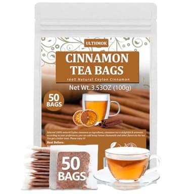 Premium 50 Pure Ceylon Cinnamon Tea Bags, Made with 100% Ceylon Cinnamon Sticks, No Additives & Caffeine Free.