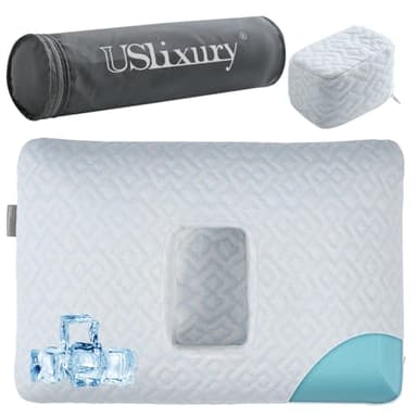USlixury Ear Piercing Pillow with Foam Plug - Ear Pillow with Off Center and 4.7"X3.2" Ear Hole, Soft CertiPUR-US Memory Foam, Cooling Piercing Pilow for Side Sleepers, Blue, 16"X11"X4''