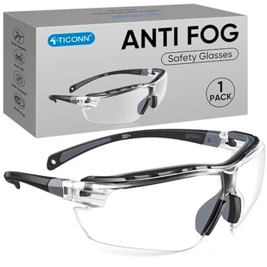 TICONN Anti-Fog Safety Glasses for Men and Women, ANSI Z87.1 Scratch Proof Eye Goggles with Adjustable Arms and UV Protection (Clear, 1PK)