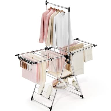 APEXCHASER Clothes Drying Rack with High Hanger, Foldable 3-Level Drying Racks with Shoe Rack, Crossbar and Vertical Rod Laundry Stand with Adjustable Wings Silver