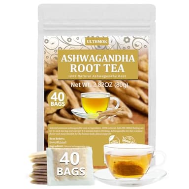 Premium 40 Ashwagandha Tea Bags, Made with 100% Wild Ashwagandha Root, No Additives & Caffeine free.