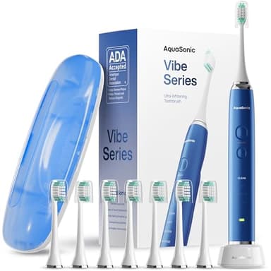 Aquasonic Vibe Series Ultra-Whitening Toothbrush – ADA Accepted Electric Toothbrush - 8 Brush Heads & Travel Case – 40,000 VPM Motor & Wireless Charging - 4 Modes w Smart Timer – Sapphire Blue