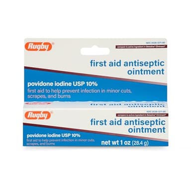 Rugby First Aid Antiseptic Ointment, Povidone Iodine USP 10% Topical Solution, Helps Prevent Infection in Minor Cuts, Scrapes and Burns - 1 Oz.