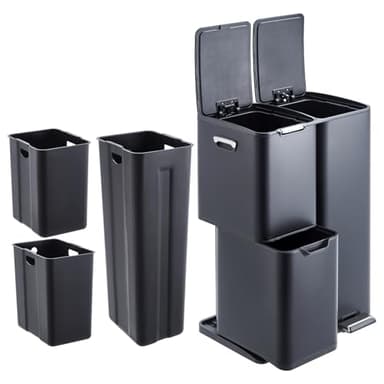 EliteEdge 16 Gal Recycle Bins for Kitchen, Triple Compartment Garbage Can with Lid, Stainless Steel Trash and Recycling Bin Combo with Inner Bucket & Foldable Foot Pedal for Home Office, Black
