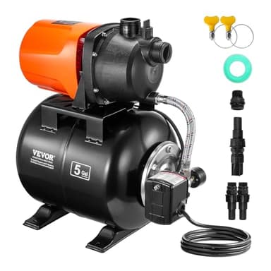 VEVOR 1 HP Shallow Well Pump with Pressure Tank, 1000 GPH/3700 L/H, Automatic Irrigation Water Booster Pump with 164 ft Lift 20/40 PSI Pressure Switch, Thermoplastic Pump Head for Home Garden Lawn