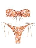ZAFUL O Ring Bandeau Bikini Sets for Women Sexy Strapless Swimsuits 2 Piece High Cut Bathing Suit Floral Orange L