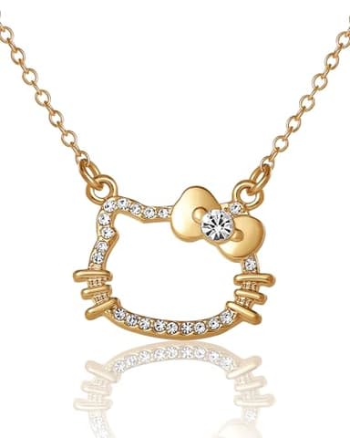 Hello Kitty Necklace For Women with Rhinestones Official License, 16"+3.25" Gold-Tone Silhouette Pendant Necklace