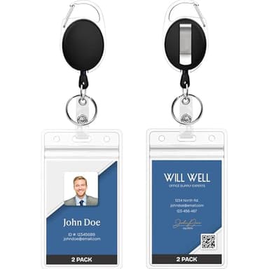 Will Well ID Badge Holders with Clip and Keyring - Vertical Clear Plastic 2.52" x 3.58" Sleeves Fit Up to 3 Cards - Retractable 24" UHMWPE Fiber Pull Cords for Easy Access - 2-Pack, Black Reels