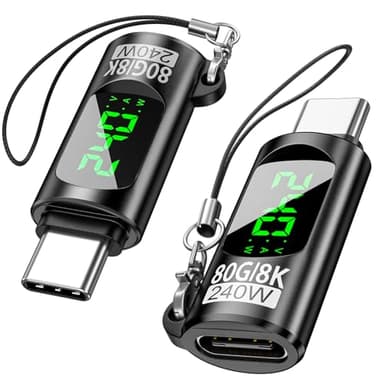 240W USB C Adapter Power Meter Tester, 2 Pack Voltage Current Power LED Digital Display, 80 Gbps Type C Male to Female Extension Connector for iPhone 15/16, MacBook, iPad & More USB C Cables/Devices
