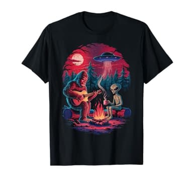 Funny Alien and Bigfoot Campfire Moon UFO Adventure Hiking T-Shirt