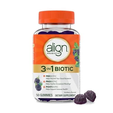 Align Probiotic, 3-in-1 Biotic Gummies, Prebiotic + Probiotic + Postbiotic, #1 Doctor Recommended Probiotic Brand‡, Helps Relieve Occasional Bloating*, BlackBerry Flavor, 50 Gummies