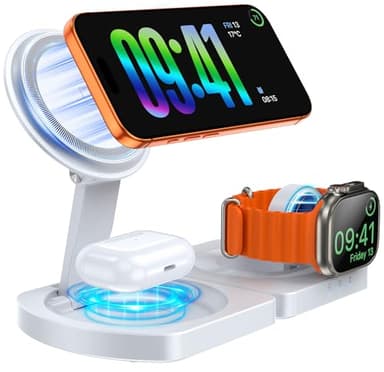 EGV Wireless Charger for iPhone, 3-in-1 Magnetic Charging Station for Apple, MagSafe Charger Stand for iPhone 17 Air 16 15 14 13 12 Series, Airpods Pro, Apple Watch Ultra, Foldable, No Adapter, White