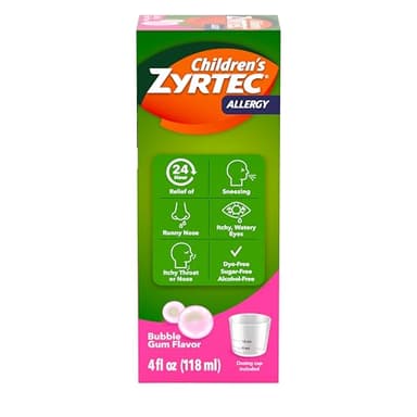 Children's Zyrtec 24 Hour Allergy Relief Syrup, Cetirizine Hydrochloride Antihistamine, Allergy Medicine for Indoor & Outdoor Allergy Relief, Dye- & Sugar-Free, Bubble Gum, 4 fl. oz