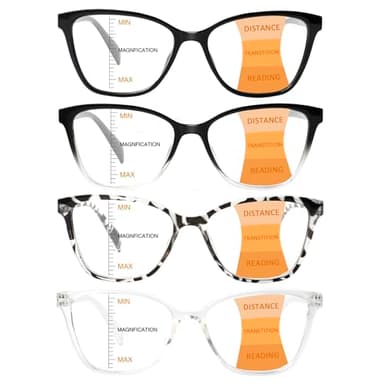 VisiWell 4 Pack Progressive Multifocus Reading Glasses for Women Men Blue Light Blocking Readers with Spring Hinge (4 Mix color, 1.75, x)