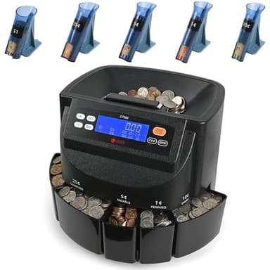 L LIKED CT550 USD Coin Sorter, Counter and Wrapper Machine Accurate sort for Nickels, Dimes, Quarters, Pennies, Dollars, Comes with 50 Performed Wrappers, 270 Coins/min, LCD Display