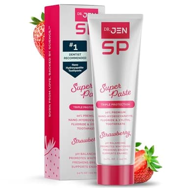 Dr. Jen Super Paste Toothpaste with Fluoride + 10% Nano Hydroxyapatite, Xylitol, Strawberry, SLS Free, Vegan, Dentist Designed, Essential Oils, Fresh Clean Feel, 1 Pack
