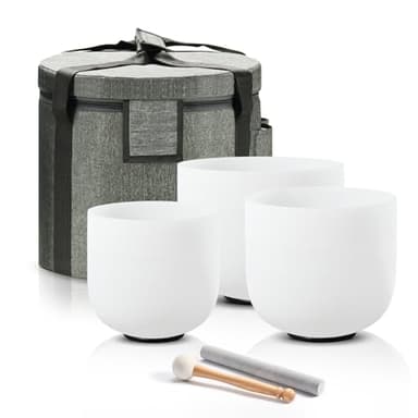 CVNC 432HZ Sound Healing Set of 3 Crystal Singing Bowls, Frosted Chakra Quartz Crystal Sound Bowl with Carry Bags 7'' C Root 8'' F Heart 9'' G Throat