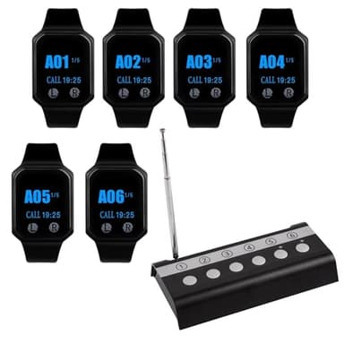 Wireless Restaurant Paging System with 6 Waiter Watches/1 Call Button, Fast Alert Buzzer for Dish Pickup, Chef Calls, Food Service – Diner, Cafe, Catering Staff Communication