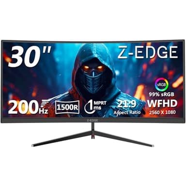 Z-Edge 30" Curved Gaming Monitor, WFHD1080P 200Hz 165Hz Monitor, MPRT 1ms, 21:9 Aspect Ratio, 1500R Curved, 16.7M Colors, 3000:1 Contrast, UG30 PIP-PBP, 2X DP 1.4 Ports and 2X HDMI 2.0 Port