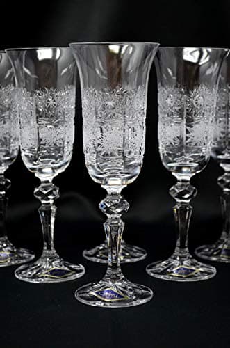 Czech Champagne Wedding Flutes set of 6, Wine Water Glasses 5oz, Hand Cut Crystal Glass, Bohemia Glass, Crystal Gift, Wedding Decor