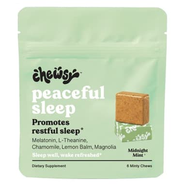 Chewsy Peaceful Sleep Chews, Sleep Support, 3 mg Melatonin, 200 MGS L-Theanine, Chamomile, Lemon Balm, Magnolia, Nighttime Sleep Aid, Naturally Minty Chews, Promotes restful Sleep, 6 -Day Supply (1)