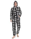 Focupaja Unisex Check Onesie Christmas Zip Up Matching Onesie Hooded Pajamas One Piece Non-Footed Jumpsuit Adult Teenager(Black White L)