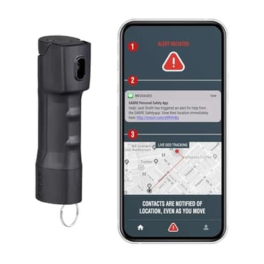 Sabre SMART Pepper Spray 2.0 w/Emergency Location Alerts, Maximum Police Strength OC Spray, Up to 3X Protection, 10 Second Spray Time, Fast Flip Top, Finger Grip, Up to 14 ft Range, App Connectivity