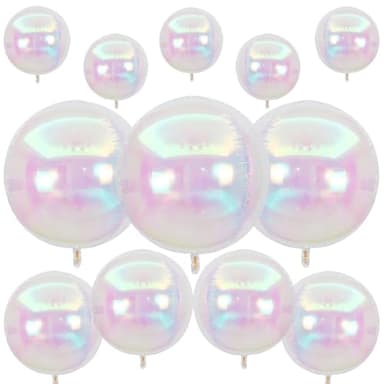 12Pcs Iridescent Round Foil Balloons, 22" 15" 10" 4D Clear Ball Balloon, Holographic Balloons for Birthday Wedding Folding Rainbow Under The Sea Mermaid Party decoration