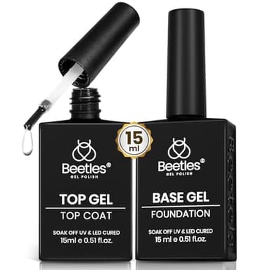 Beetles No Wipe Gel Top Coat and Base Coat Set for Gel Nail Polish - 2Pcs 15ml Super Shiny and Long Lasting Soak Off UV/LED Lamp Nail Art Design Gift