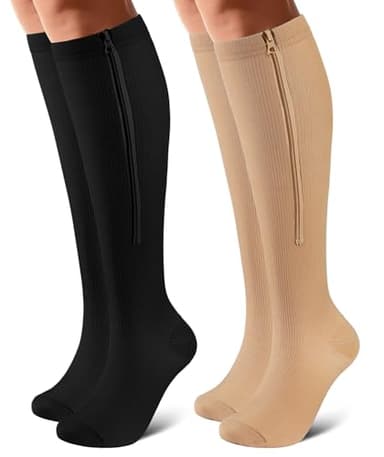 OUIVIAL Zipper Compression Socks Close Toe 2 Pairs for Women&Men 15-20mmHg Knee High Support Socks for Running Cycling