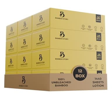 Bamboo Story, Bamboo Lotion Facial Tissue Unbleached, 12 Box 3ply and 1440 Sheets, Bamboo Facial Tissue - FSC Certified, Biodegradable, Chemical Free, Plastic Free, BPA Free, Bamboo Facial Tissue