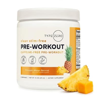 Type Zero Clean Stim Free Pre Workout Powder + Nitric Oxide Booster with L-Citrulline Malate, Arginine AKG, Beta Alanine - Caffeine & Stimulant Free - Pineapple Mango Flavor, 21 Servings