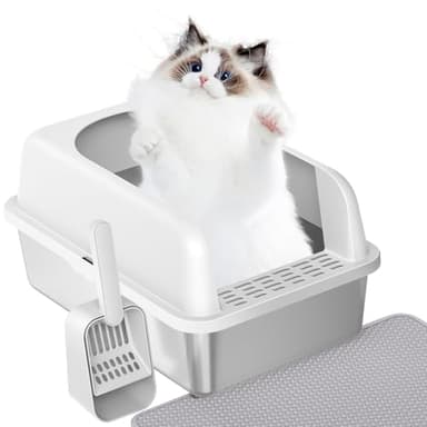 Prodigen Stainless Steel Cat Litter Box with Lid High Wall Sides Enclosure, Non-Sticky, Anti-Leakage, Easy Cleaning, with Cat Mat & Metal Scoop, 19.6" L x 14" W x 12" H