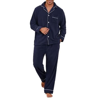 Vulcanodon Mens Fleece Pajama Set, Soft Warm Long Sleeve Sleepwear with Pockets Cozy Button-Down Pjs for Men(Navy,M)