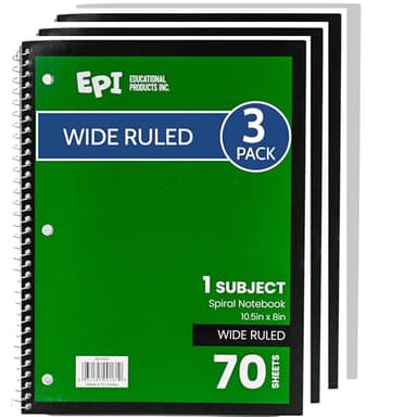 EPI Spiral Notebook | Wide - 70 Sheets, Durable Spiral Binding | 10.5 x 8 in | Classroom Supplies | School, Office, Note Taking, Journaling - 3 Pack