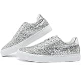 Jeekopeg Glitter Sparkly Fashion Sneakers Shoes Shiny Casual Shoes Bling Sequin Concert Low Cut Lace up Shoes(Silver Glitter,5.5Women/4.5 Men)