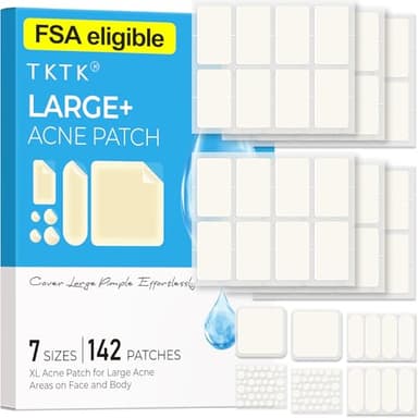 Large Pimple Patches for Face, 7 Sizes Big Acne Patches, FSA Eligible XL Hydrocolloid Bandages for Body, Chin, Forehead, Nose, Blemish Zit Breakouts, Hydrocolloid Patch (Square, Strip, Dot 142 Count)