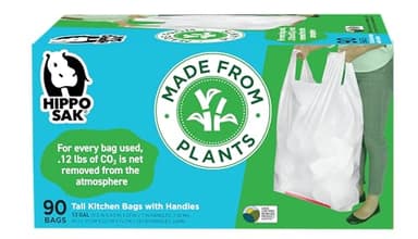 Hippo Sak - Plant Based Tall Kitchen Garbage Bags with Ergonomic Handles - 13 Gallon Trash Bags - Recyclable & Eco Friendly - Super Strong and Leak Proof Tall Kitchen Trash Bags (90 Count)
