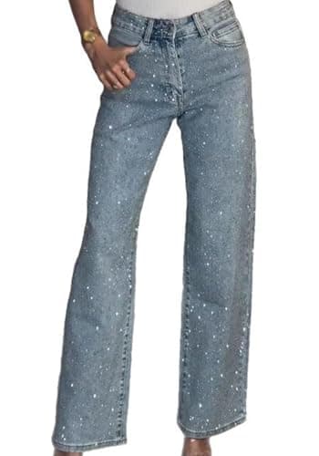 LETSVDO Women's Rhinestone Jeans Baggy High Waisted Y2k Straight Wide Leg Plus Size Sparkly Glitter Bling Pants Trousers Blue