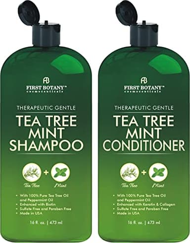 First Botany Tea Tree Mint Shampoo & Conditioner for Men & Women - Pure Tea Tree & Peppermint Oil - Fights Hair Loss, Dandruff, Lice & Itchy Scalp, Promotes Hair Growth - Sulfate Free - 16 Fl Oz x 2