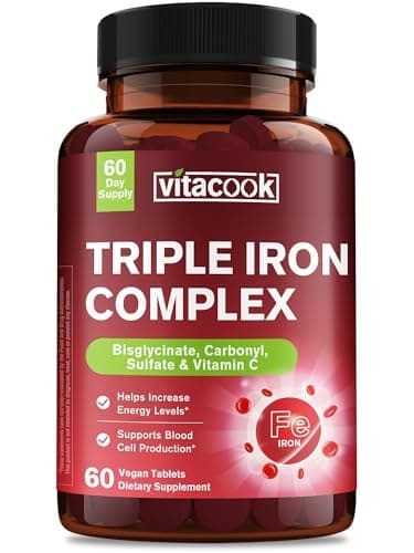 Vitacook Iron Supplement for Women & Men, 3-in-1 65mg Iron Pills, Bisglycinate, Sulfate, Carbonyl Iron with Vitamin C, Enhanced Absorption, Energy, Red Blood Cell Support, Gentle, 60 Tablets