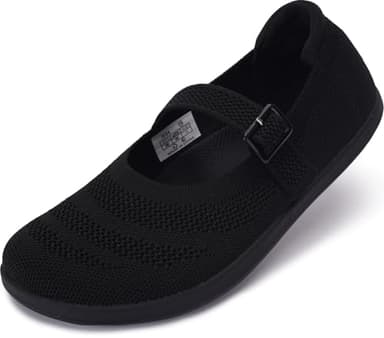 WHITIN Barefoot Mary Jane Flats for Women Wide Toe Box Shoes Minimalist Zero Drop Sole Size 7 Width Knit Ballerina Non Slip Ballet Comfortable Walking Black 38