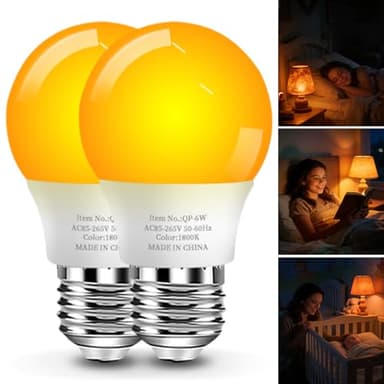 1800K Amber Sleep Light Bulbs, 99.96% Blue Light Blocking, A15 6W(40 Watt Equivalent) Soft Warm Light Bulbs, Eye-Caring Amber Soft Yellow Night Light E26 for Bedroom, Reading, Baby Nursery, 2 Packs