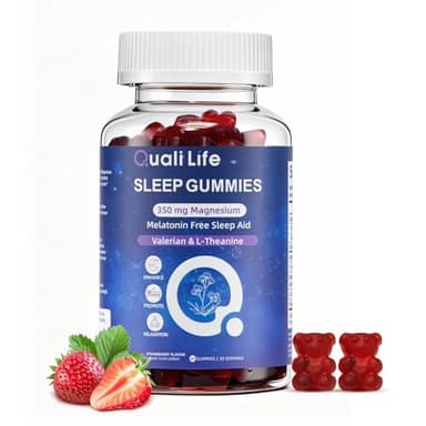 QualiLife Melatonin Free Sleep Gummies for Adults with Magnesium, Valerian Root, 5-HTP & Herbal Blend - Natural Sleep Aid Supplements - Non-Habit Forming, Sugar Free, Strawberry Flavor, 60 Count (1)